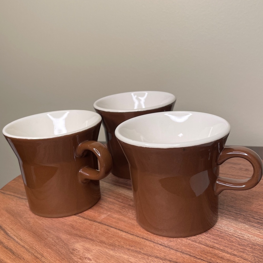 Vintage USA Pottery Brown Tapered Geometric Coffee Mugs set of 3
